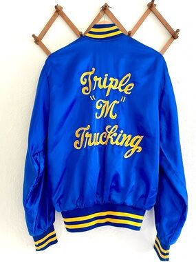 Vintage Blue Satin Bomber Jacket Trucker